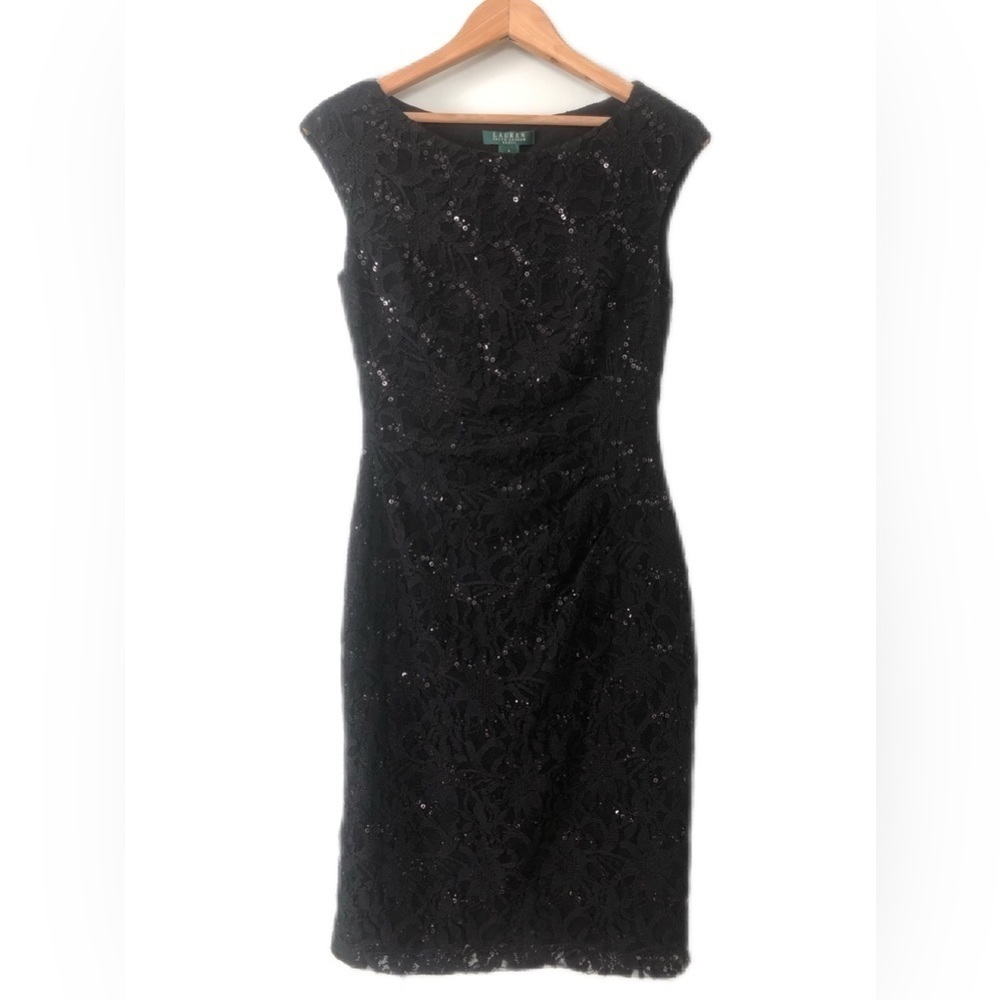 Ralph Lauren Size 4 Black Lace With Sequins Sheath Cocktail Dress NWT